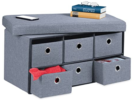 Relaxdays Sitzbank, Stauraum in 6 Schubladen, bequemes Sitzpolster, Faltbare Sitzkommode, HxBxT: 39 x 76 x 38 cm, grau