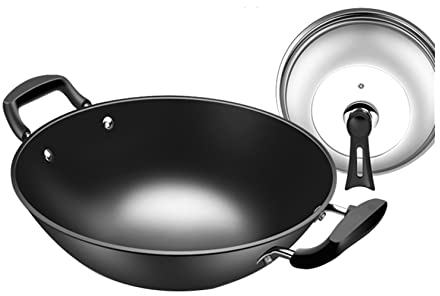 YYUINU Wok in Ferro, Pentola Wok A Doppia Orecchio, Padella Wok Domestica e Commerciale,36cm