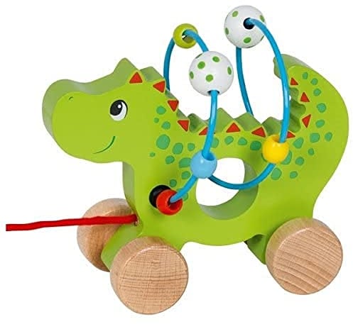 goki 59975 - Ziehtier Drache mit Motorikschleife aus Holz, Nachzieh-Spielzeug mit Tiermotiv, Lernspielzeug inkl. Schnur, Babyspielzeug fördert Koordination und Motorik, 14cm x 8cm x 12cm, ab 1 Jahr