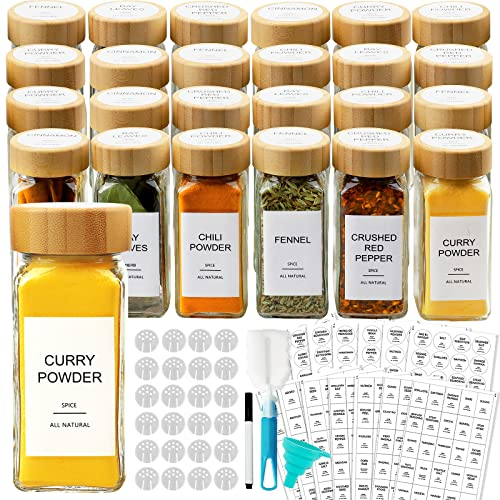 AISIPRIN Lot de 24 pots à épices en verre avec couvercles hermétiques en bambou et 398 étiquettes, conteneurs carrés vides de 118 ml – Couvercles, entonnoir, brosse et marqueur inclus, Claire