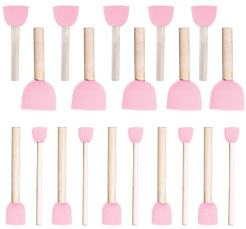 WAFJAMF 20 Pcs Round Sponge Paint Brush Set Wooden Handle Pink | Assorted size foam stipplers daubers for art stencilling, DIY crafting, pupil acrylic drawing