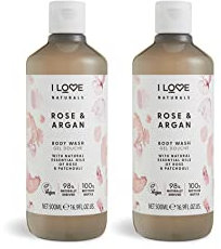 I Love Naturals Rose & Argan Body Wash, Natural Oils Of Rose & Patchouli, Formulated Using Essential Oils For Silky Smooth & Moisturised Skin, 2 x 500ml