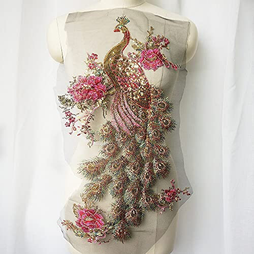 KUOCA Schwarze Tüll-Stickerei Gold Pailletten Pfau Vogel Applikation Spitze Stoff Besatz Kragen Patch Hochzeit Kleid DIY Handwerk