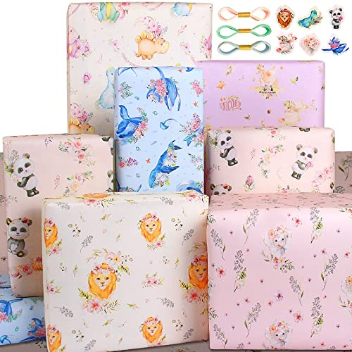 Bonkee Wrapping Paper for Kids New Baby Little Boy Girl Toddler Children,Animal Gift Wrapping Paper Set and Lion Panda Unicorn Elephant Design,Birthday Wrapping Paper Baby Gift Wrap Set for Present