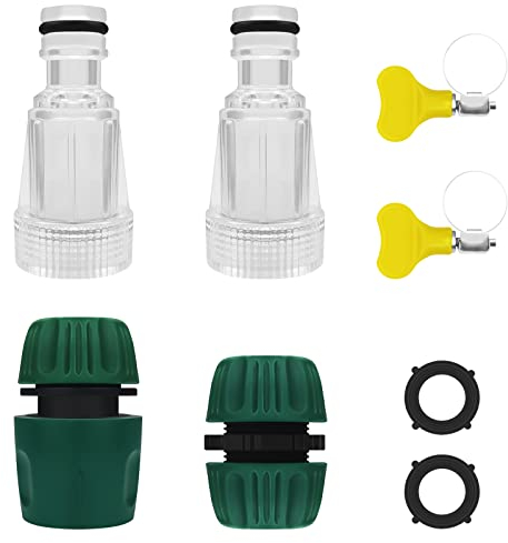 2 raccordi per filtro dell'acqua a pressione, adattatore per pistola per idropulitrice per pompa dell'acqua, con 2 connettori rapidi per estremità del tubo, 2 clip regolabili per tubo, 2 rondelle