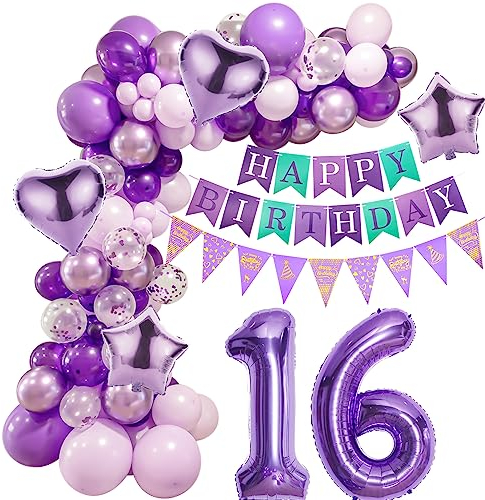 Lila 16 Geburtstag Deko Mädchen, Geburtstagsdeko 16 Mädchen, Lila Deko 16 Geburtstag Luftballon, 16. Ballon Girlande Lila, 16. Deko Geburtstag Mädchen, Lila 16 Geburtstag Luftballons Girlande