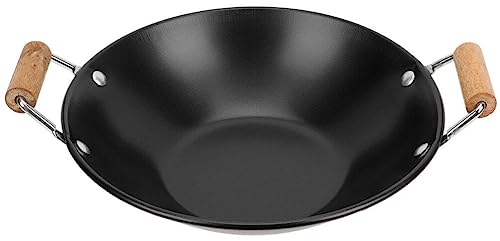 OSALADI Edelstahl-Wok Wok-Pfanne Mit Flachem Boden Doppelter Holzgriff Haushalts-Koch-Wok Robuste Wok-Pfanne Als Küchenzubehör, JI3013351U1NUQS72, Schwarz