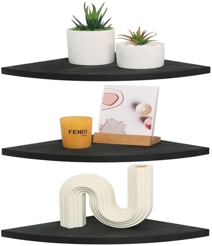 DUICIRX Corner Wall Shelves, Wood Corner Floating Shelves with Cable Raceway, Wall Mount Storage Display for TV Accessories, Monitor, Speaker, Cable Box, Game Console (Black, Fan-Shaped- 10 Inch)