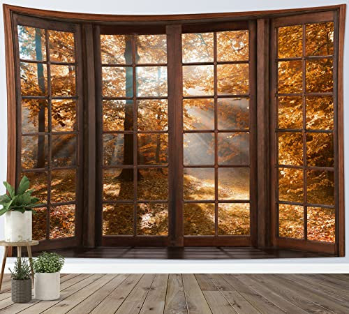 LB Wandteppich Herbstwald Wandtuch Herbstbaum aus braunem Fenster Wandbehang Naturlandschaft Gefallene Blätter Tapisserie für Wohnzimmer Schlafzimmer Wohnheim Wanddeko,235x180cm