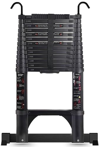 Teenza Telescopic Ladder 4.7m, Light Extension Ladder Aluminum, Solid Double Lock Catch, Maximum Load Capacity 150kg, Black