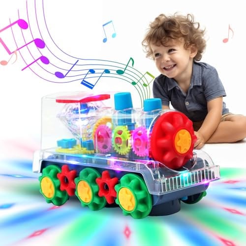 SWTOIPIG Giocattolo Ingranaggi Trasparente Treno LED Giocattolo Musicale Luminoso Elettrico Rotante 360 ° Gear Meccanico Camminare per Bambini Cartone animato Educativo