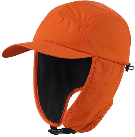Decentron Herren Wintermütze mit Krempe Fleece Ohrenklappen Hut Baseball Trapper Hut, Orange, Einheitsgröße