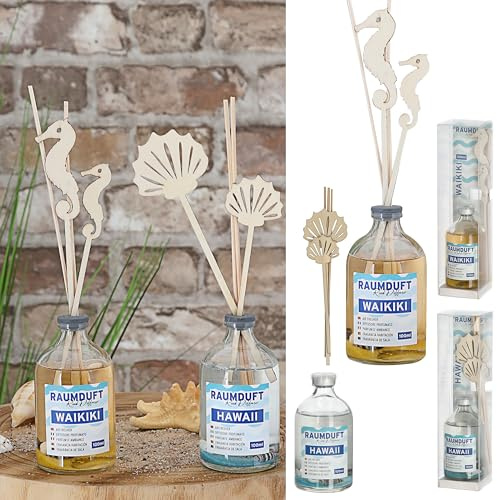 Raumduft 'Waikiki+Hawaii' 2er Set | 100ml 4 Rattanstäbe 2 Dekostäbe 5x21cm Glas | Duftaroma Diffuser (1 x 2er Set Raumduft Waikiki+Hawaii)