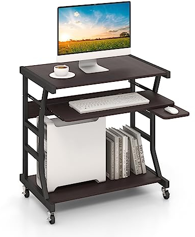 COSTWAY Mobile Computer Desk, PC Laptop Table with Keyboard Tray, Storage Shelf and Wheels, Metal Frame Wooden Study Table Writing Workstation for Home Office(Dark Brown, 75 x 50 x 75 cm)