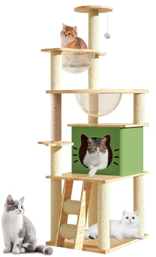 Mekidulu Arbre a Chat Haut 140 cm -Arbre a Chat Beige-avec 2 Capsule Spatiale, 1 Maison pour, Griffoir pour et échelle, 1 Perchoir,1Balle Joue.