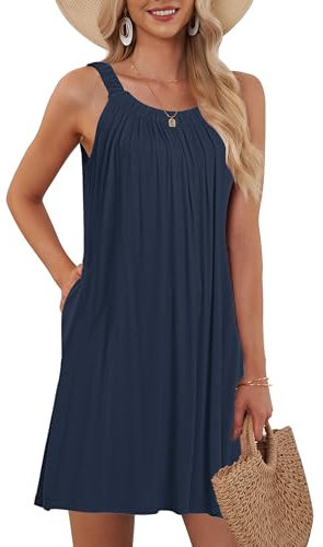 AUSELILY Women's Beach Cover Up Tank Dress Casual Vacation Short Summer Halter Dresses with Pockets Navy Blue M