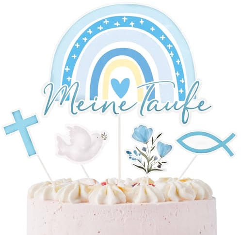 BETESSIN 9er Set Taufe Deko Blau - Meine Taufe Cake Topper im Boho-Regenbogen Stil und 8 Cupcake Topper Mit 4 Mustern - Tortendeko für Junge und Mädchen