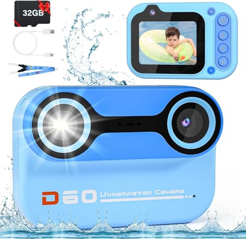 Kids Camera Waterproof, 10FT/3M Underwater Camera for Kids 26MP 1080P HD 10X Digital Zoom with 2.4 IPS Screen, Toddler Digital Action Camera with 32GB Card, Gifts Pool Toys for Ages 4-12, (Blue)