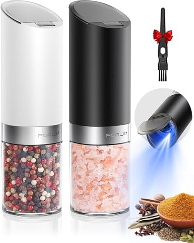 FORLIM Gravity Electric Salt and Pepper Grinder Set, Automatic One-Handed Operation Pepper Mill with Battery Powered, Adjustable Coarseness, Equipped with Fixed Dust Lid, 2 Pack (Black + White)