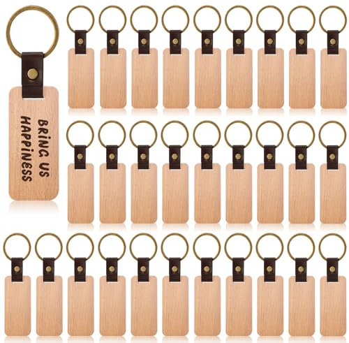 GOEDCH Porte-Clés en Bois: 30 Pièces Naturel Personnalisé Ébauches de Gravure, Pendentif pour Bricolage, Gravure, Peinture, Anniversaire