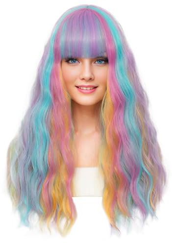 Gewellt Perücke Bunte Lang - Regenbogen Cosplay Kunsthaar Wig für Damen - Synthetische Perücke für Alltag, Party, Karneval, Fasching, Weihnachten