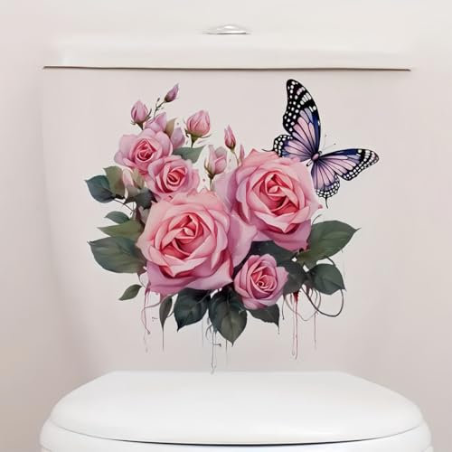 TOLOVIS Pink Rose Butterfly Toilet Cover Sticker Decals,Flower leaf bird Waterproof Toilet Lid Tank Seat Decals Cistern Self-Adhesive Bathroom Wall Sticker