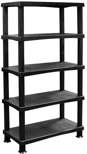 ALLEZ Plastic Shelving Unit - 5 Tier Storage Shelf - Home, Shed, Garage, Warehouse, Shelving Unit - Large Racking Shelves Black - Utility Room Storage Rack - Lightweight Push Fit Shelf (5 Tier)