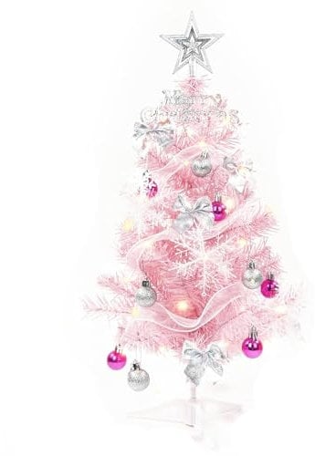 Mini Pink Christmas Tree, 2ft Artificial Small Desktop Xmas Tree with Ornaments, for Christmas & Thanksgiving Decorations
