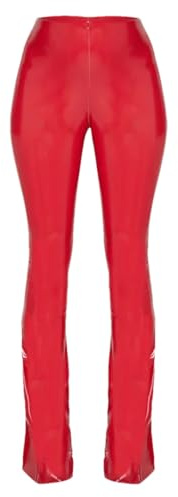 Pohullan Schlaghose für Damen, hohe Taille, Stretch, schmale Hose, Leggings, Büro, Dame, PU-Lederhose, rot, L