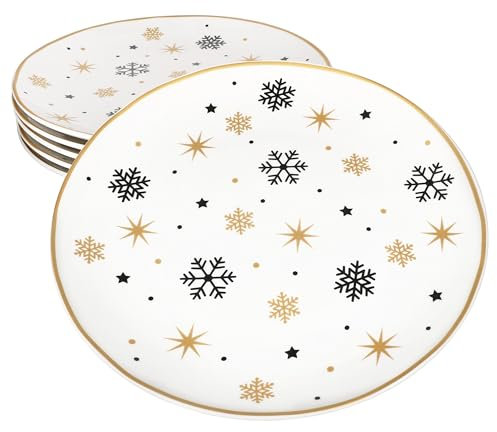 MamboCat Juego de 6 platos llanos con estrellas y copos de nieve, para Navidad, Adviento y Papá Noel, color negro y dorado