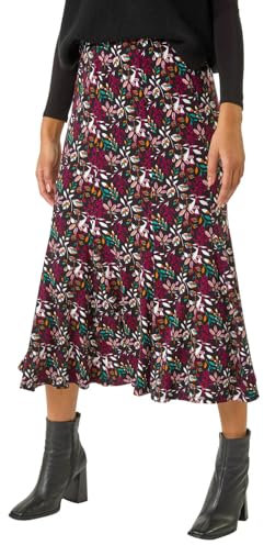 Roman Originals Jersey Skirt for Women UK - Ladies Midi Maxi Floral Animal Print Autumn Winter Swing Smart Casual Work Office Cocktail Party Going Out Evening Holiday Cruise - Maroon - Size 12