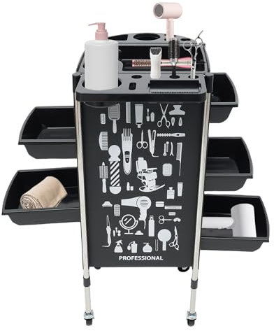 Friseurwagen mit 5 Schubladen, Friseur Salon Arbeitswagen Bedienungswagen mit Ausziehbares Tablett, Trolley für Beauty, SPA, Barbershop (Schwarz)