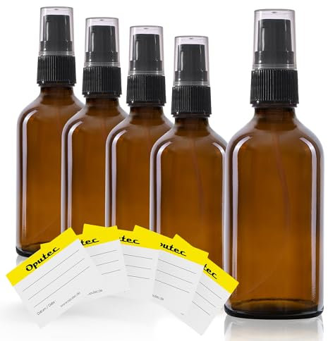 Oputec 5 x 50 ml Reise-Pumpspender Pumpflaschen aus Braunglas + 5 Etiketten - Kleine Mini Flaschen Cremespender Lotionspender zum Befüllen