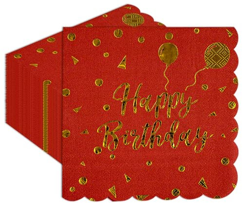 40 Stück Rot Gold Servietten,33x33cm Happy Birthday Scalloped Einweg Cocktail Dinner Hochzeit Party Einwegpapier Servietten für Mädchen Geburtstag Party Zubehör Dekoration