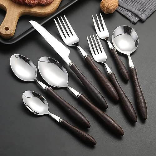 Generisch Wiederverwendbares Utensilienset, Besteckset 48-teilig für 6 Besteckutensilien, 18 10 Edelstahl inklusive Messer, Gabel und Löffel, hochglanzpolierter, spülmaschinenfester Holzgriff