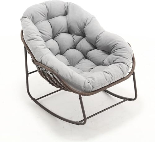 AUKWIK Schaukelstuhl Outdoor bequemer Garten Relaxsessel XXL Lesesessel mit Polsterung für Balkon, Wohnzimmer und Terrasse, Hellgrau