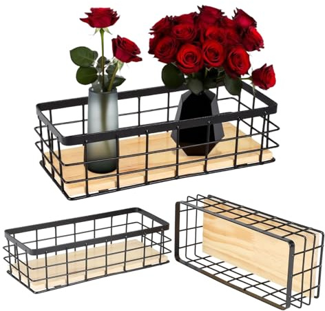 ZoeQide Drahtkorb 3 Stück Schwarz 25 cm, Metallkorb mit Holzboden für Regal | Offene Gitterkörbe für Gewürze, Badartikel und Bürobedarf, schwarzes Metall mit Holzboden für Regal oder Arbeitsplatte