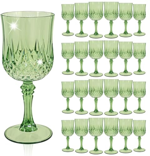 REWOMC 24 Pcs Sage Green Plastic Wine Glasses,Plastic Goblets for Parties | Vintage Wine Glasses Bulk, Reusable, Drinkware Cups, Wedding, Party, Reception, Event Supplies,Table Decoration