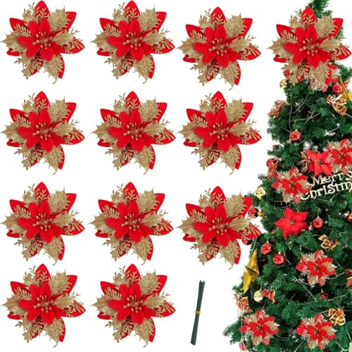 X-YSUNEAS 12 Stück Kunststoff Weihnachtsbaum Blume Funkelnde künstliche Poinsettia Blumen für Weihnachtsbaum Ornamente Kranz Dekoration (Rot, Gold)