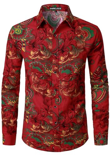 PARKLEES Men's Cotton Linen 70s Disco Retro Traditional Pattern Printed Long Sleeve Button Down Shirt Red Large