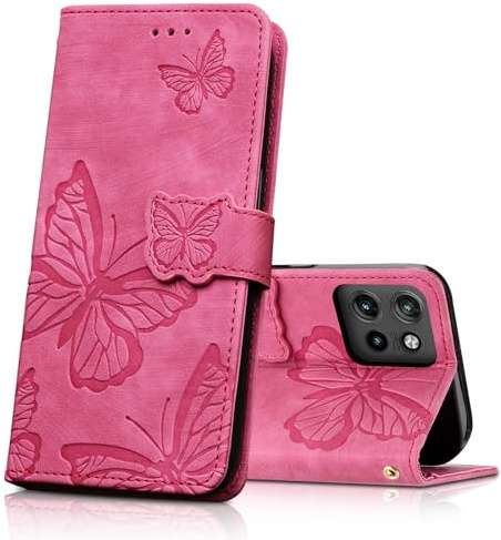 CXTcase Coque pour téléphone portable pour Motorola Edge 60 Neo, coque en cuir PU avec clapet et fentes pour cartes et support, coque flip protectrice pour Motorola Edge 60 Neo, rouge rose