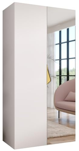 MEBLE KRYSPOL - Kleiderschrank - Garderobenschrank - 100 cm x 202 x 52 cm - Schrank mit Kleiderstange und Spiegel, 2 Türen - für Schlafzimmer, Flur - SANDI, Weiß, Griff Gold