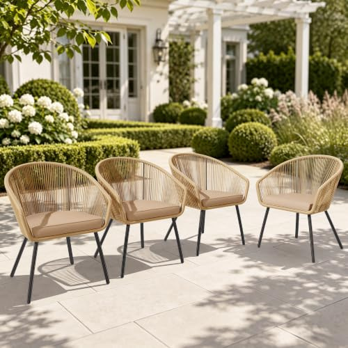 PHI VILLA Garden Chairs Set of 4, Outdoor Dining Chairs Rope Rattan Patio Chairs, Armchair Set with Extra Thick 8cm Cushions and E-coating Metal Frame for Backyard Porch Poolside, Beige