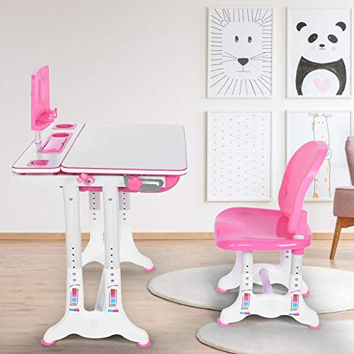 Ejoyous Rosafarbenes Tisch- und Stuhl-Set, Lerntisch-Set aus MDF und Stahlrohr mit Ergonomischem Sitz, Ausziehbarer Schublade und Hängetopf für Zum Lesen, Zeichnen, Schreiben