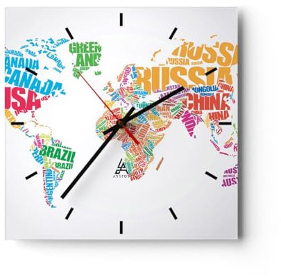 Modern Wanduhr Karte Worte Welt Geographie 40x40cm Quadrat Groß Wand Uhr Glas Analog Zimmeruhren Küche Büro Wohnzimmer Glasuhr Wall Clock Dekoration Design Wanddekoration Küchenuhr C3AC40x40-2860