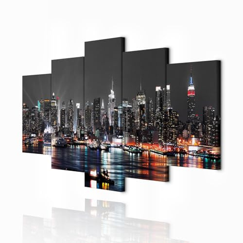 decomonkey Bilder New York 100x50 cm 5 Teilig Leinwandbilder Wandbild Stadt | Bild auf Leinwand, Kunstdruck, Wanddeko, Wohnzimmer, Wanddekoration, City, Architektur, Panorama