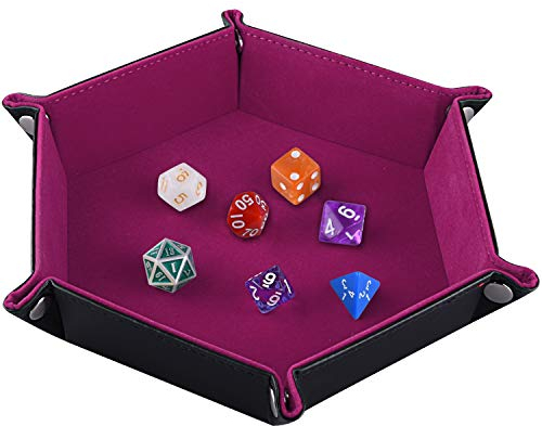SIQUK Tablero de Dados Bandeja de Dados, Plegable de Cuero de Hexagonal de la PU y Soporte de Dados de Terciopelo Rojo Rosa Oscuro