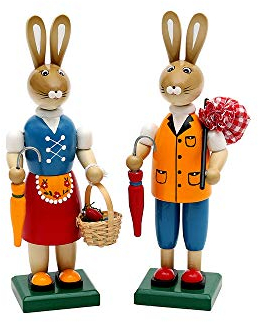 Deko-Geschenke-Shop Osterhasen Paar Holz 12 cm farbig Hasen Wanderer Osterdeko 25157