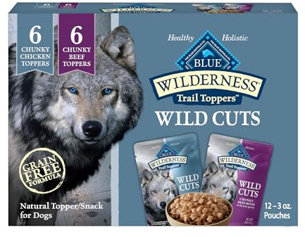 Blue Buffalo Wilderness Trail Toppers Wild Cuts Wet Dog Food Variety Pack, High-Protein & Grain-Free, Made with Natural Ingredients, Chicken and Beef Flavors, 3-oz Pouches, (12 Count, 6 of Each)