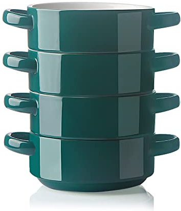 Sweejar Keramik-Suppenschalen mit Doppelgriffen, 590 ml, gestapelte Schalen für französische Zwiebelsuppe, Müsli, Topfkuchen, Eintopf, Chill, Nudeln, 4 Stück (Jade)
